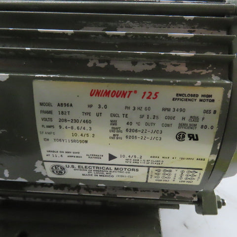 U.S. Motors A896A 3HP AC Electric Motor Unimount 230/460V 3Ph 182T Frame 3490RPM