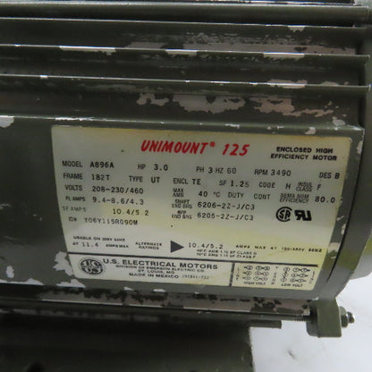 U.S. Motors A896A 3HP AC Electric Motor Unimount 230/460V 3Ph 182T Frame 3490RPM
