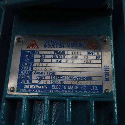 Seing AE-VFFH 4/3HP AC Electric Motor 460V 3Ph 100L Frame 3460/1730RPM