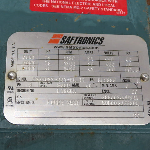 Saftronics L1868A 7369039-001-EK T7 75HP Electric Motor 460V 3Ph RL2586 Frame