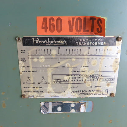 Jefferson Electric 223-3207 37.5 kVA Dry Type Transformer 3Ph 480V Pri 240V Sec