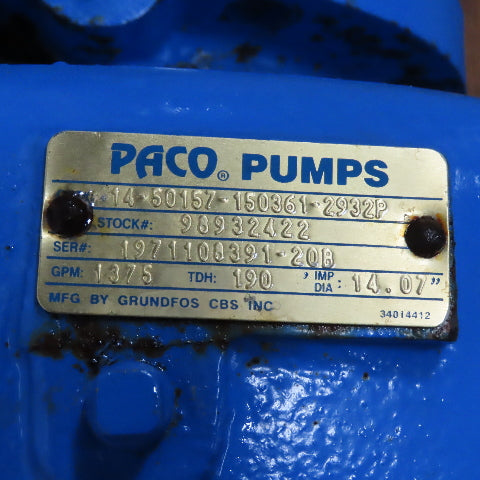 Paco 14-50157-150361-2932P 100Hp Centrifugal Pump 1375GPM 190TDH 230/460V Tested