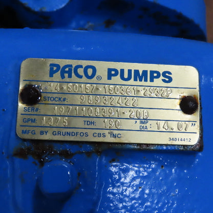 Paco 14-50157-150361-2932P 100Hp Centrifugal Pump 1375GPM 190TDH 230/460V Tested