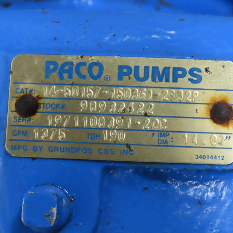 Paco 14-50157-150361-2932P 100Hp Centrifugal Pump 1375GPM 190TDH 230/460V Tested