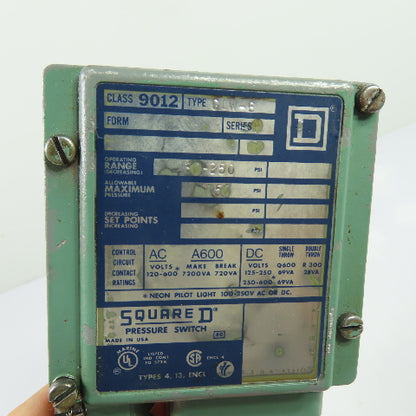 Square D 9012 GAW-6 Class 9012 Pressure Switch 30-250 PSI 750 PSI Max Ser A