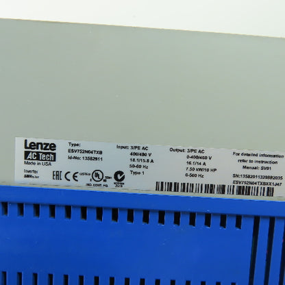 Lenze ESV752N04TXB 10HP 7.5kW SMVector AC Drive VFD 400/480V 3Ph