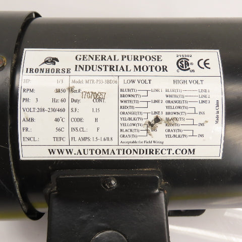 IronHorse MTR-P33-3BD36 1/3HP Electric Motor 208-230/460V 3Ph 3450RPM 56C Frame