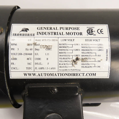 IronHorse MTR-P33-3BD36 1/3HP Electric Motor 208-230/460V 3Ph 3450RPM 56C Frame