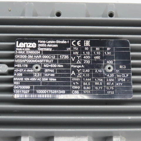 Lenze M55AP090M045FFRUT GKS06-3M HAR 090C12 1.10kW Gear Motor 93.176:1 Ratio