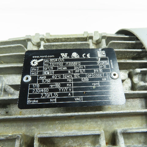 NORD SK 372.1F-80 S/4 CUS 0.75HP 51RPM 33.84:1 Inverter Duty Gearmotor 230/460V