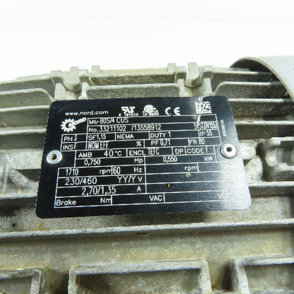 NORD SK 372.1F-80 S/4 CUS 0.75HP 51RPM 33.84:1 Inverter Duty Gearmotor 230/460V