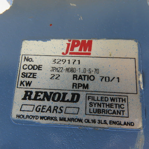 Renold JPM22-AD80-1.0-S-70 70:1 Worm Gear Speed Reducer C-Face Input 1.0kW