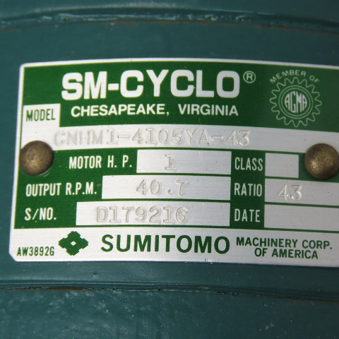 Sumitomo CNHM1-4105YA-43 1HP 40.7RPM 43:1 Cyclo Gearmotor 230/460V 3Ph