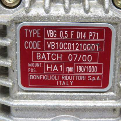 Bonfiglioli VBG 0.5 F 0.6HP Variable Speed Gearmotor 230/460V 90-1000RPM