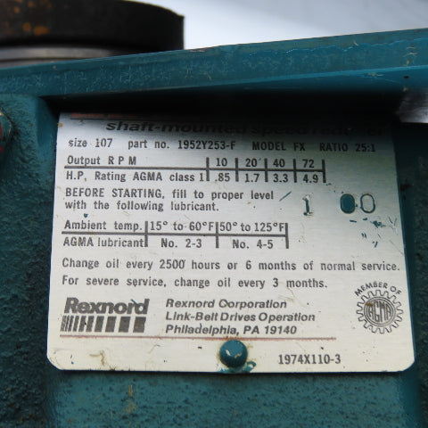 Rexnord 1952Y253-F FX 25:1 Shaft-Mounted Speed Reducer Size 107