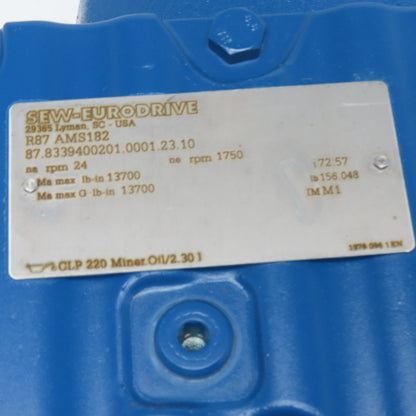SEW-Eurodrive R87AMS182 72.57:1 Inline Helical Speed Reducer C-Face Input 24RPM
