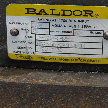 Baldor F-921-20-B5-H 1HP 20:1 Right Angle Gearmotor 180VDC 125RPM