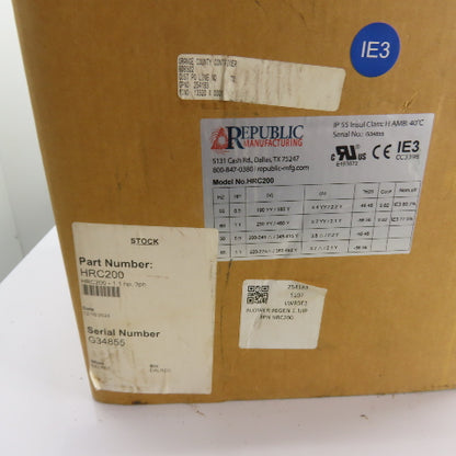 Republic HRC200 1.1HP Regenerative Blower Vacuum Pump 3Ph 200-480V NEW