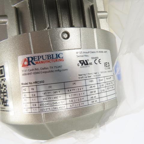 Republic HRC200 1.1HP Regenerative Blower Vacuum Pump 3Ph 200-480V NEW