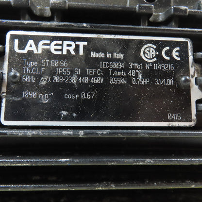 Lafert ST 80 S6 3/4HP AC Electric Motor 208-230/440-460V 3Ph 1090RPM 80S Frame
