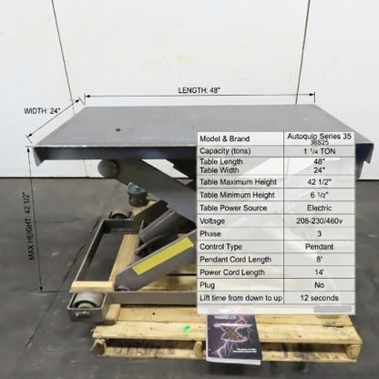 Autoquip 36S25 2500Lbs. 48"x24" Scissor Lift Table 6.5-42.5" Lift 230/460V 3Ph