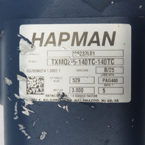 Hapman CEM3558T TXMQ2-5-140TC-140TC 2HP Inline Gear Motor 230/460V 3Ph 5:1