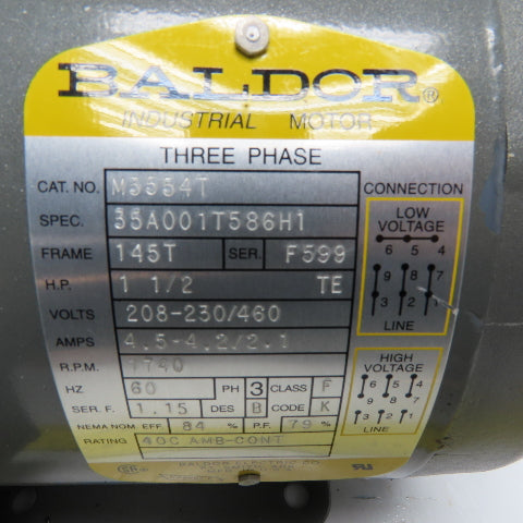 Baldor M3554T 1.5HP Electric Motor 208-230/460V 3Ph 1740RPM 145T Tested