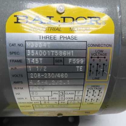 Baldor M3554T 1.5HP Electric Motor 208-230/460V 3Ph 1740RPM 145T Tested