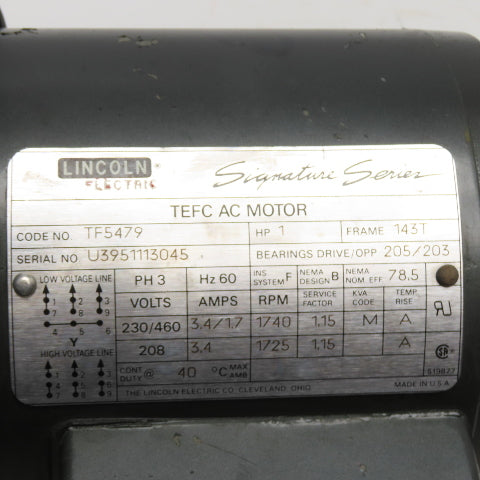 Lincoln Electric TF5479 1HP Electric Motor 208-230/460V 3Ph 1740RPM 143T