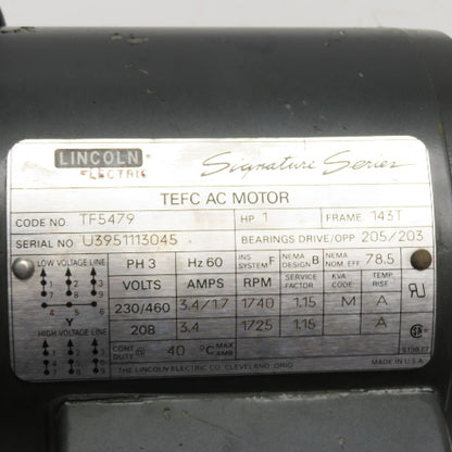 Lincoln Electric TF5479 1HP Electric Motor 208-230/460V 3Ph 1740RPM 143T