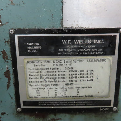 W.F. Wells F-1620-A CNC 16" x 20" Automatic Horizontal Band Saw 480V 3Ph