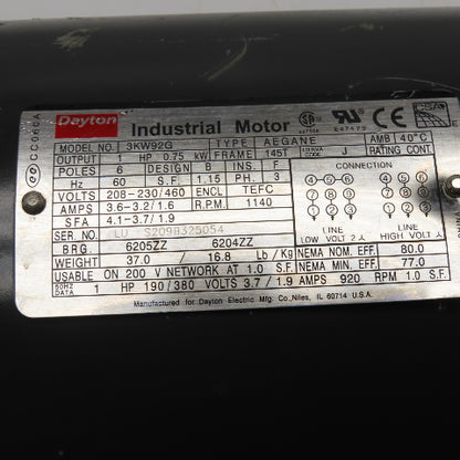Dayton 3KW92G 1HP Electric Motor 208-230/460V 3Ph 1140RPM 145T