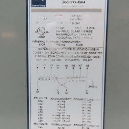 Hevi-Duty T2H50S 5kVA 1Ph General Purpose Transformer 240x480V 120/240V