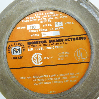 Monitor Manufacturing KA SPDT Rotary Paddle Bin Level Indicator Switch 110V