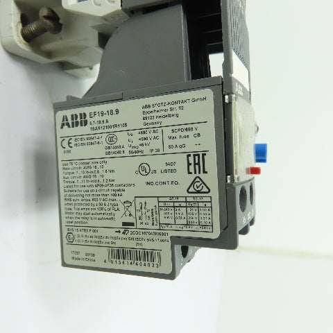 ABB AF12-30-10-13 3-Pole IEC Contactor w/EF19-18.9 Overload Relay 100-250V Coil
