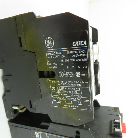 General Electric CR7CA-10 Contactor 600VAC w/ CR7G1WL Overload Relay 5.5-7.5A
