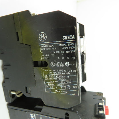General Electric CR7CA-10 Contactor 600VAC w/ CR7G1WL Overload Relay 5.5-7.5A