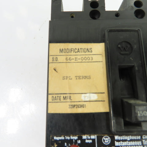 Westinghouse 229P266H01 1265C95G09 150A 3-Pole Circuit Breaker 600VAC