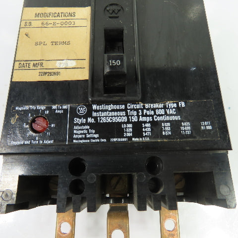 Westinghouse 229P266H01 1265C95G09 150A 3-Pole Circuit Breaker 600VAC