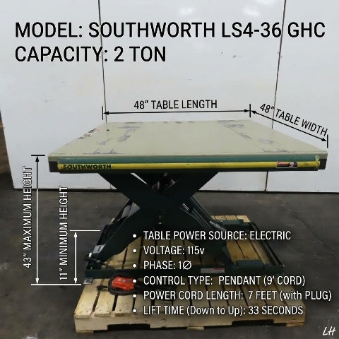 Southworth LS4-36GHC 48" x 48" Scissor Lift Table 2-Ton 4000LB 115V 1Ph 43"Lift