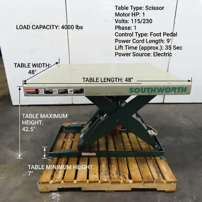 Southworth LS4-36 48" x 48" Scissor Lift Table 2-Ton 4000LB 115V 1Ph 42.5" Lift