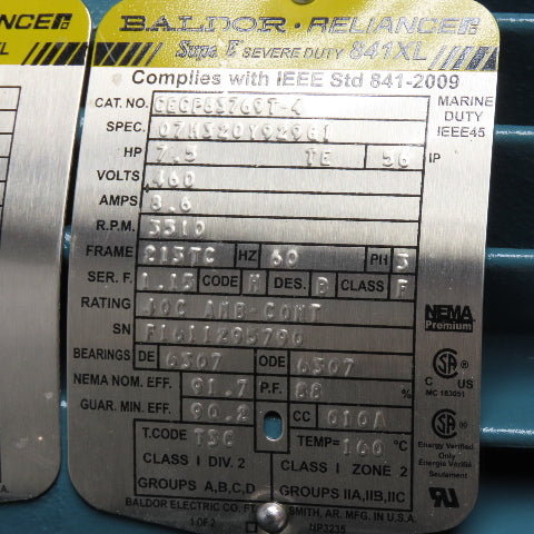 Baldor CECP83769T-4 7.5HP AC Electric Motor 460V 3Ph 213TC Frame 3510RPM