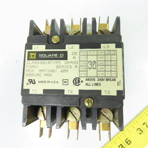 Square D 8910DPA33V02 Definite Purpose Contactor 3-Pole 30A FLA 40A 120VAC Coil