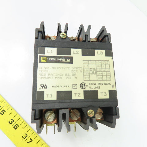 Square D 8910DPA53 50A 3-Pole Definite Purpose Contactor 600VAC Max