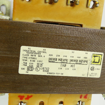 Square D K750D1 0.75KVA Industrial Control Transformer 220/480V Pri 110/120V Sec