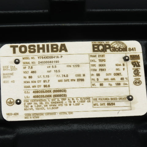 Toshiba Y754XDSB41A-P 7.5HP AC Electric Motor 460V 3Ph 213T Frame 1770RPM