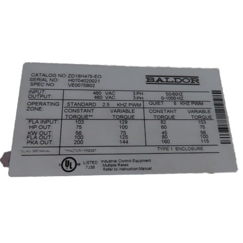 Baldor VE0075B02 ZD18H475-EO 75/100HP AC Vector Drive 460VAC 3Ph