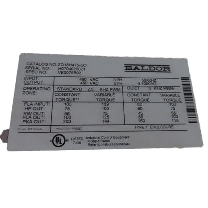 Baldor VE0075B02 ZD18H475-EO 75/100HP AC Vector Drive 460VAC 3Ph