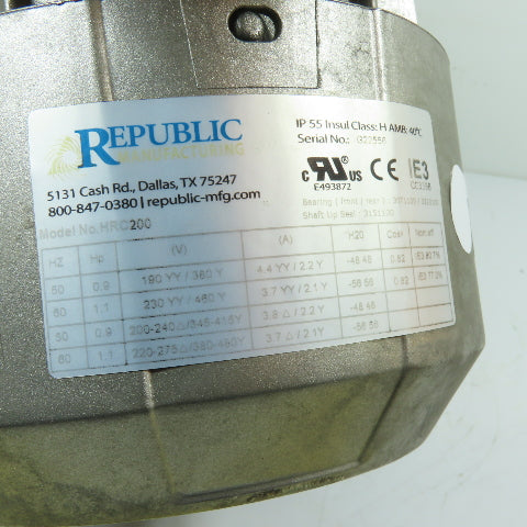 Republic HRC200 Regenerative Blower 1.1HP 230/460V 3Ph