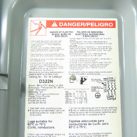 Square D D322N 60A Fusible Safety Disconnect Switch 240VAC